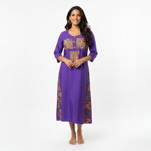 Boho Royal Purple Medallion Patchwork Summer Dress Ornate Mod Shift Kaftan Tunic